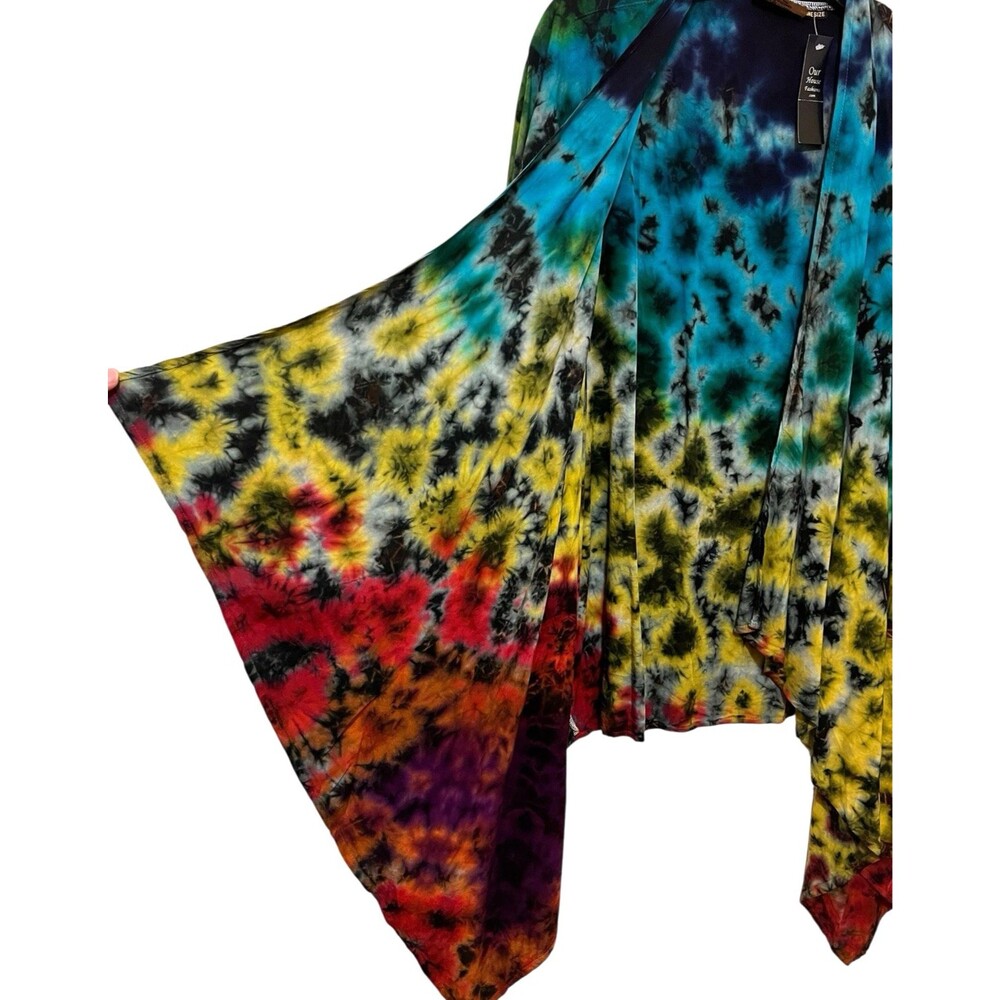 NWT Tie Dye Rainbow Open Front Waterfall Cardigan Shrug Boho Festival One Size - Picture 5 of 8
